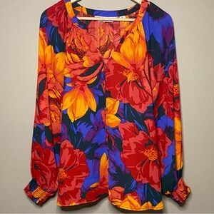 Beautiful by Lawrence Zarian Blouson Sleeve Blouse Women 1X Red Orange Floral